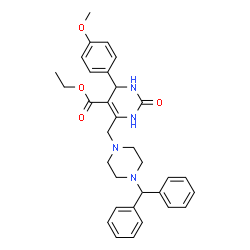 ChemSpider 2D Image | Ethyl 6-{[4-(diphenylmethyl)-1-piperazinyl]methyl}-4-(4-methoxyphenyl)-2-oxo-1,2,3,4-tetrahydro-5-pyrimidinecarboxylate | C32H36N4O4