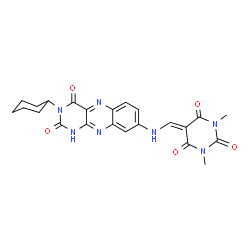 ChemSpider 2D Image | 5-{[(3-Cyclohexyl-2,4-dioxo-1,2,3,4-tetrahydrobenzo[g]pteridin-8-yl)amino]methylene}-1,3-dimethyl-2,4,6(1H,3H,5H)-pyrimidinetrione | C23H23N7O5