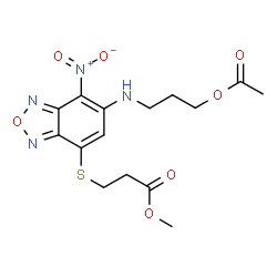 ChemSpider 2D Image | Methyl 3-({6-[(3-acetoxypropyl)amino]-7-nitro-2,1,3-benzoxadiazol-4-yl}sulfanyl)propanoate | C15H18N4O7S