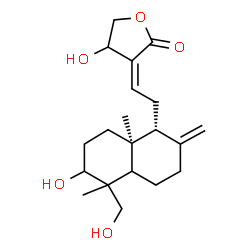ChemSpider 2D Image | (3Z)-4-Hydroxy-3-{2-[(1R,8aS)-6-hydroxy-5-(hydroxymethyl)-5,8a-dimethyl-2-methylenedecahydro-1-naphthalenyl]ethylidene}dihydro-2(3H)-furanone | C20H30O5