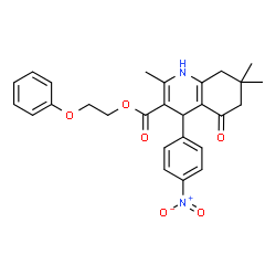 ChemSpider 2D Image | 2-Phenoxyethyl 2,7,7-trimethyl-4-(4-nitrophenyl)-5-oxo-1,4,5,6,7,8-hexahydro-3-quinolinecarboxylate | C27H28N2O6
