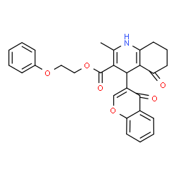 ChemSpider 2D Image | 2-Phenoxyethyl 2-methyl-5-oxo-4-(4-oxo-4H-chromen-3-yl)-1,4,5,6,7,8-hexahydro-3-quinolinecarboxylate | C28H25NO6