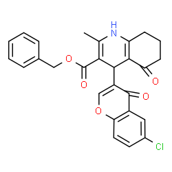 ChemSpider 2D Image | Benzyl 4-(6-chloro-4-oxo-4H-chromen-3-yl)-2-methyl-5-oxo-1,4,5,6,7,8-hexahydro-3-quinolinecarboxylate | C27H22ClNO5