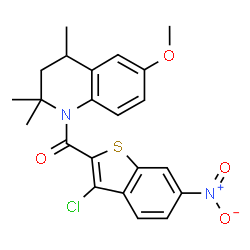 ChemSpider 2D Image | 1-(3-chloro-6-nitro-1-benzothiophene-2-carbonyl)-6-methoxy-2,2,4-trimethyl-3,4-dihydroquinoline | C22H21ClN2O4S
