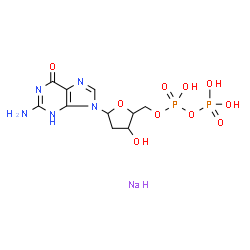 ChemSpider 2D Image | 2-Amino-9-{2-deoxy-5-O-[hydroxy(phosphonooxy)phosphoryl]pentofuranosyl}-1,9-dihydro-6H-purin-6-one - sodium (1:1) | C10H15N5NaO10P2