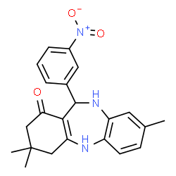 ChemSpider 2D Image | 3,3,8-Trimethyl-11-(3-nitrophenyl)-2,3,4,5,10,11-hexahydro-1H-dibenzo[b,e][1,4]diazepin-1-one | C22H23N3O3