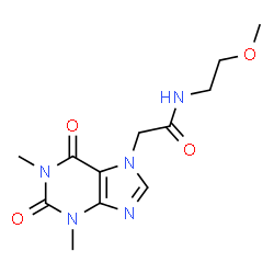 ChemSpider 2D Image | 2-(1,3-Dimethyl-2,6-dioxo-1,2,3,6-tetrahydro-7H-purin-7-yl)-N-(2-methoxyethyl)acetamide | C12H17N5O4