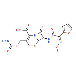ChemSpider 2D Image | (7R)-3-[(Carbamoyloxy)methyl]-7-{[(2Z)-2-(2-furyl)-2-(methoxyimino)acetyl]amino}-8-oxo-5-thia-1-azabicyclo[4.2.0]oct-2-ene-2-carboxylic acid | C16H16N4O8S