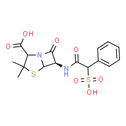 ChemSpider 2D Image | (6R)-3,3-Dimethyl-7-oxo-6-{[phenyl(sulfo)acetyl]amino}-4-thia-1-azabicyclo[3.2.0]heptane-2-carboxylic acid | C16H18N2O7S2