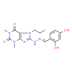 ChemSpider 2D Image | 8-[(2E)-2-(2,4-Dihydroxybenzylidene)hydrazino]-1,3-dimethyl-7-propyl-3,7-dihydro-1H-purine-2,6-dione | C17H20N6O4