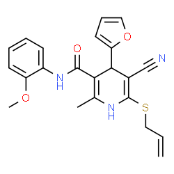 ChemSpider 2D Image | 6-(Allylsulfanyl)-5-cyano-4-(2-furyl)-N-(2-methoxyphenyl)-2-methyl-1,4-dihydro-3-pyridinecarboxamide | C22H21N3O3S