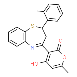 ChemSpider 2D Image | 3-[2-(2-Fluorophenyl)-2,3-dihydro-1,5-benzothiazepin-4-yl]-4-hydroxy-6-methyl-2H-pyran-2-one | C21H16FNO3S