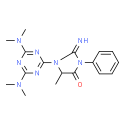 ChemSpider 2D Image | 1-[4,6-Bis(dimethylamino)-1,3,5-triazin-2-yl]-2-imino-5-methyl-3-phenyl-4-imidazolidinone | C17H22N8O
