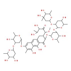 ChemSpider 2D Image | 5-Deoxy-1-C-(7-{[2,6-dideoxy-3-O-(2,6-dideoxyhexopyranosyl)hexopyranosyl]oxy}-3-{[2,6-dideoxy-3-C-methylhexopyranosyl-(1->2)-3,6-dideoxyhexopyranosyl-(1->3)-2,6-dideoxyhexopyranosyl]oxy}-5,10-dihydroxy-6-methyl-4-oxo-1,2,3,4-tetrahydroanthracen-2-yl)-1-O-methylpent-2-ulose | C52H76O24