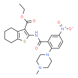 ChemSpider 2D Image | Ethyl 2-{[2-(4-methyl-1-piperazinyl)-5-nitrobenzoyl]amino}-4,5,6,7-tetrahydro-1-benzothiophene-3-carboxylate | C23H28N4O5S