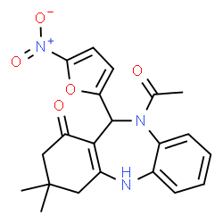 ChemSpider 2D Image | 10-Acetyl-3,3-dimethyl-11-(5-nitro-2-furyl)-2,3,4,5,10,11-hexahydro-1H-dibenzo[b,e][1,4]diazepin-1-one | C21H21N3O5