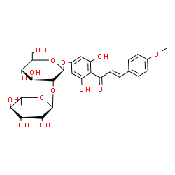 ChemSpider 2D Image | 3,5-Dihydroxy-4-[(2E)-3-(4-methoxyphenyl)-2-propenoyl]phenyl 2-O-(6-deoxy-alpha-L-mannopyranosyl)-beta-D-glucopyranoside | C28H34O14