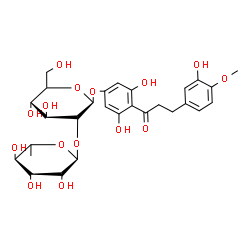 ChemSpider 2D Image | 3,5-Dihydroxy-4-[3-(3-hydroxy-4-methoxyphenyl)propanoyl]phenyl 2-O-(6-deoxy-alpha-L-mannopyranosyl)-beta-D-glucopyranoside | C28H36O15