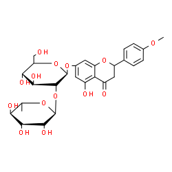 ChemSpider 2D Image | 5-Hydroxy-2-(4-methoxyphenyl)-4-oxo-3,4-dihydro-2H-chromen-7-yl 2-O-(6-deoxy-alpha-L-mannopyranosyl)-beta-D-glucopyranoside | C28H34O14