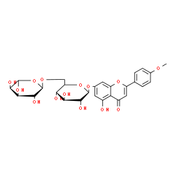ChemSpider 2D Image | 5-Hydroxy-2-(4-methoxyphenyl)-4-oxo-4H-chromen-7-yl 6-O-(6-deoxy-alpha-L-altropyranosyl)-beta-D-glucopyranoside | C28H32O14