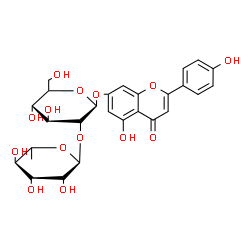ChemSpider 2D Image | 5-Hydroxy-2-(4-hydroxyphenyl)-4-oxo-4H-chromen-7-yl 2-O-(6-deoxy-alpha-L-mannopyranosyl)-beta-D-glucopyranoside | C27H30O14