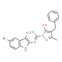 ChemSpider 2D Image | 4-Benzyl-1-(8-bromo-5H-[1,2,4]triazino[5,6-b]indol-3-yl)-3-methyl-1H-pyrazol-5-ol | C20H15BrN6O