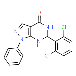 ChemSpider 2D Image | 6-(2,6-Dichlorophenyl)-1-phenyl-1,5,6,7-tetrahydro-4H-pyrazolo[3,4-d]pyrimidin-4-one | C17H12Cl2N4O