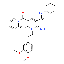 ChemSpider 2D Image | N-Cyclohexyl-1-[2-(3,4-dimethoxyphenyl)ethyl]-2-imino-5-oxo-1,5-dihydro-2H-dipyrido[1,2-a:2',3'-d]pyrimidine-3-carboxamide | C28H31N5O4