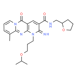 ChemSpider 2D Image | 2-Imino-1-(3-isopropoxypropyl)-10-methyl-5-oxo-N-(tetrahydro-2-furanylmethyl)-1,5-dihydro-2H-dipyrido[1,2-a:2',3'-d]pyrimidine-3-carboxamide | C24H31N5O4