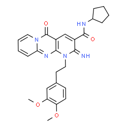 ChemSpider 2D Image | N-Cyclopentyl-1-[2-(3,4-dimethoxyphenyl)ethyl]-2-imino-5-oxo-1,5-dihydro-2H-dipyrido[1,2-a:2',3'-d]pyrimidine-3-carboxamide | C27H29N5O4