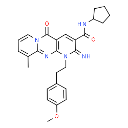 ChemSpider 2D Image | N-Cyclopentyl-2-imino-1-[2-(4-methoxyphenyl)ethyl]-10-methyl-5-oxo-1,5-dihydro-2H-dipyrido[1,2-a:2',3'-d]pyrimidine-3-carboxamide | C27H29N5O3