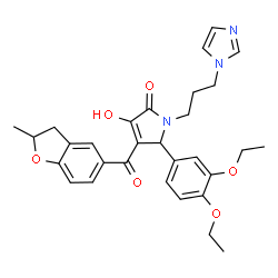 ChemSpider 2D Image | 5-(3,4-Diethoxyphenyl)-3-hydroxy-1-[3-(1H-imidazol-1-yl)propyl]-4-[(2-methyl-2,3-dihydro-1-benzofuran-5-yl)carbonyl]-1,5-dihydro-2H-pyrrol-2-one | C30H33N3O6