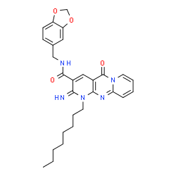 ChemSpider 2D Image | N-(1,3-Benzodioxol-5-ylmethyl)-2-imino-1-octyl-5-oxo-1,5-dihydro-2H-dipyrido[1,2-a:2',3'-d]pyrimidine-3-carboxamide | C28H31N5O4