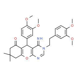 ChemSpider 2D Image | 5-(3,4-Dimethoxyphenyl)-3-[2-(3,4-dimethoxyphenyl)ethyl]-4-imino-8,8-dimethyl-3,4,5,7,8,9-hexahydro-6H-chromeno[2,3-d]pyrimidin-6-one | C31H35N3O6