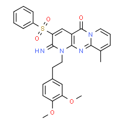 ChemSpider 2D Image | 1-[2-(3,4-Dimethoxyphenyl)ethyl]-2-imino-10-methyl-3-(phenylsulfonyl)-1,2-dihydro-5H-dipyrido[1,2-a:2',3'-d]pyrimidin-5-one | C28H26N4O5S