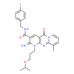 ChemSpider 2D Image | N-(4-Fluorobenzyl)-2-imino-1-(3-isopropoxypropyl)-10-methyl-5-oxo-1,5-dihydro-2H-dipyrido[1,2-a:2',3'-d]pyrimidine-3-carboxamide | C26H28FN5O3