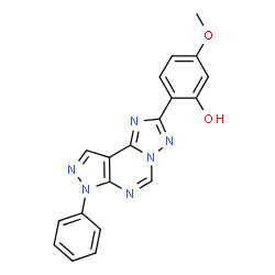 ChemSpider 2D Image | 5-Methoxy-2-(7-phenyl-7H-pyrazolo[4,3-e][1,2,4]triazolo[1,5-c]pyrimidin-2-yl)phenol | C19H14N6O2