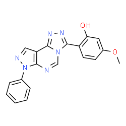 ChemSpider 2D Image | 5-Methoxy-2-(7-phenyl-7H-pyrazolo[4,3-e][1,2,4]triazolo[4,3-c]pyrimidin-3-yl)phenol | C19H14N6O2
