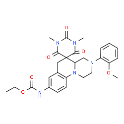ChemSpider 2D Image | Ethyl [3-(2-methoxyphenyl)-1',3'-dimethyl-2',4',6'-trioxo-1',2,3,3',4,4',4a,6'-octahydro-1H,2'H,6H-spiro[pyrazino[1,2-a]quinoline-5,5'-pyrimidin]-8-yl]carbamate | C27H31N5O6