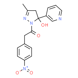ChemSpider 2D Image | 1-[5-Hydroxy-3-methyl-5-(3-pyridinyl)-4,5-dihydro-1H-pyrazol-1-yl]-2-(4-nitrophenyl)ethanone | C17H16N4O4