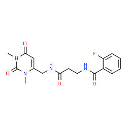 ChemSpider 2D Image | N-(3-{[(1,3-Dimethyl-2,6-dioxo-1,2,3,6-tetrahydro-4-pyrimidinyl)methyl]amino}-3-oxopropyl)-2-fluorobenzamide | C17H19FN4O4