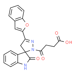 ChemSpider 2D Image | 4-[5'-(1-Benzofuran-2-yl)-2-oxo-1,2-dihydrospiro[indole-3,3'-pyrazol]-2'(4'H)-yl]-4-oxobutanoic acid | C22H17N3O5