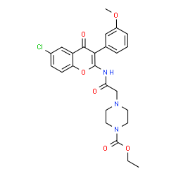 ChemSpider 2D Image | Ethyl 4-(2-{[6-chloro-3-(3-methoxyphenyl)-4-oxo-4H-chromen-2-yl]amino}-2-oxoethyl)-1-piperazinecarboxylate | C25H26ClN3O6