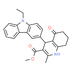 ChemSpider 2D Image | Methyl 4-(9-ethyl-9H-carbazol-3-yl)-2-methyl-5-oxo-1,4,5,6,7,8-hexahydro-3-quinolinecarboxylate | C26H26N2O3
