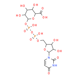 ChemSpider 2D Image | 6-{[{[{[5-(2,4-Dioxo-3,4-dihydro-1(2H)-pyrimidinyl)-3,4-dihydroxytetrahydro-2-furanyl]methoxy}(hydroxy)phosphoryl]oxy}(hydroxy)phosphoryl]oxy}-3,4,5-trihydroxytetrahydro-2H-pyran-2-carboxylic acid (no
n-preferred name) | C15H22N2O18P2