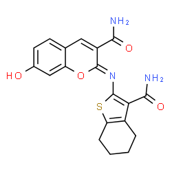 ChemSpider 2D Image | (2Z)-2-[(3-Carbamoyl-4,5,6,7-tetrahydro-1-benzothiophen-2-yl)imino]-7-hydroxy-2H-chromene-3-carboxamide | C19H17N3O4S