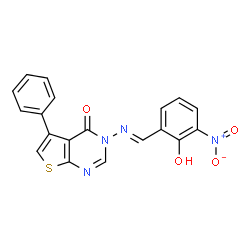 ChemSpider 2D Image | 3-[(E)-(2-Hydroxy-3-nitrobenzylidene)amino]-5-phenylthieno[2,3-d]pyrimidin-4(3H)-one | C19H12N4O4S