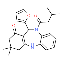 ChemSpider 2D Image | 11-(2-Furyl)-3,3-dimethyl-10-(3-methylbutanoyl)-2,3,4,5,10,11-hexahydro-1H-dibenzo[b,e][1,4]diazepin-1-one | C24H28N2O3