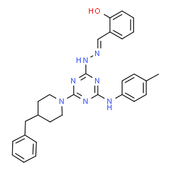 ChemSpider 2D Image | 2-[(E)-({4-(4-Benzyl-1-piperidinyl)-6-[(4-methylphenyl)amino]-1,3,5-triazin-2-yl}hydrazono)methyl]phenol | C29H31N7O