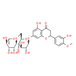 ChemSpider 2D Image | 5-Hydroxy-2-(3-hydroxy-4-methoxyphenyl)-4-oxo-3,4-dihydro-2H-chromen-7-yl 6-O-(6-deoxy-alpha-L-mannopyranosyl)-beta-D-glucopyranoside | C28H34O15